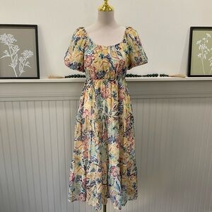 Patrons of Peace Floral Tiered Midi Dress XS Cottagecore Puff Sleeve